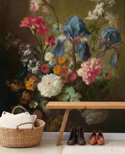 blomstertapet vægmaleri kaldet Vase of Flowers IV af Jan van Huysum til lounger og soveværelser