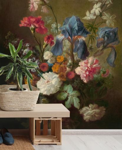 blommig tapetväggmålning kallad Vase of Flowers IV av Jan van Huysum för lounger och sovrum