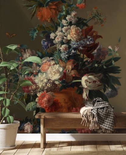 blomstertapet vægmaleri kaldet Vase of Flowers II af Jan van Huysum til soveværelser