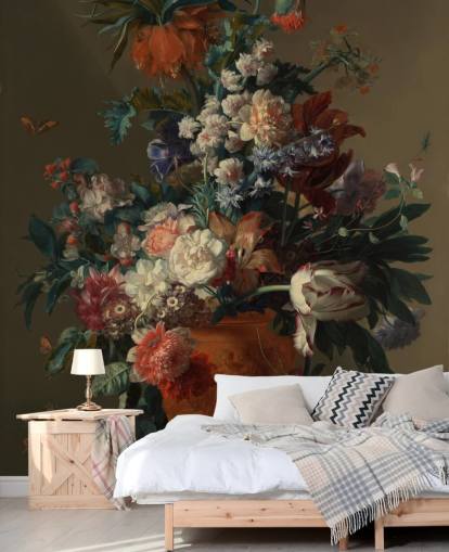 blomstertapet vægmaleri kaldet Vase of Flowers II af Jan van Huysum til soveværelser
