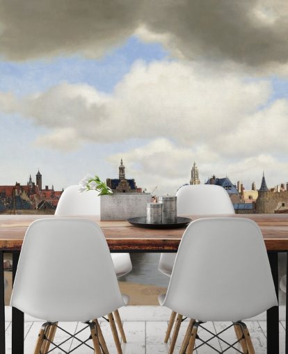 konsttapet väggmålning som heter View of Delft av Johannes Vermeer för sovrum och vardagsrum