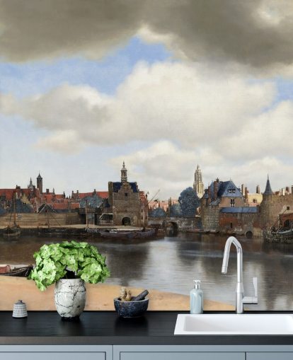 fine art wallpaper mural called View of Delft by Johannes Vermeer for bedrooms and living rooms