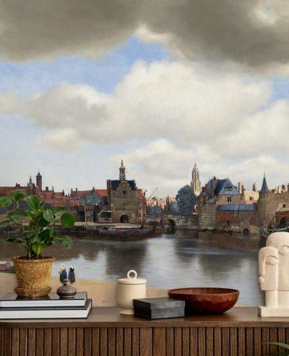 fine art wallpaper mural called View of Delft by Johannes Vermeer for bedrooms and living rooms