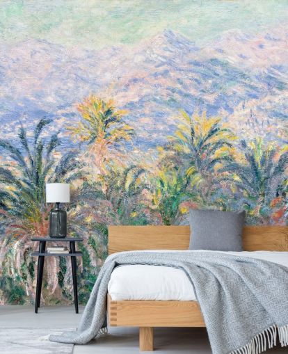mural de papel pintado de bellas artes llamado Palmeras en Bordighera de Claude Monet para salas de estar y dormitorios