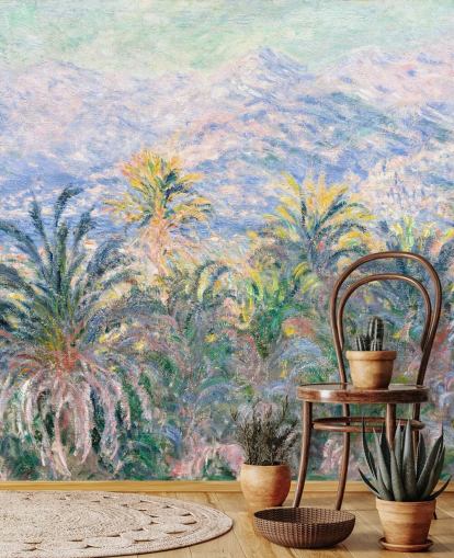 mural de papel de parede de belas artes chamado Palmeiras em Bordighera, de Claude Monet, para salas de estar e quartos