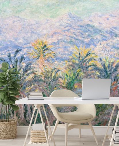 fine art wallpaper mural called Palm Trees at Bordighera by Claude Monet for living rooms and bedrooms