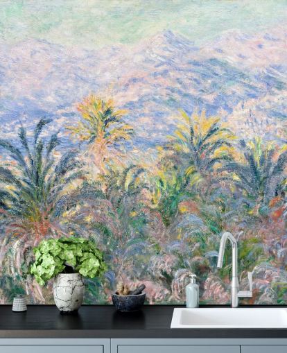 fine art wallpaper mural called Palm Trees at Bordighera by Claude Monet for living rooms and bedrooms