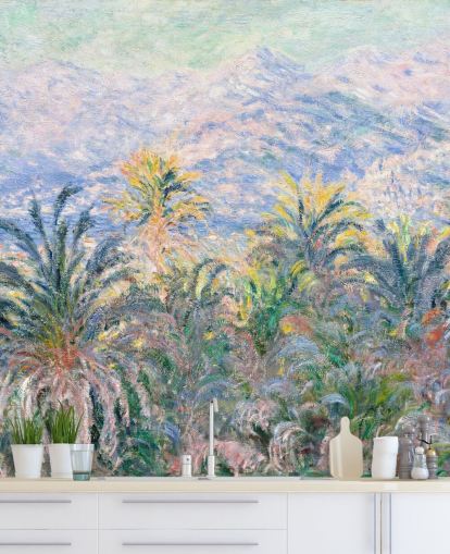 mural de papel pintado de bellas artes llamado Palmeras en Bordighera de Claude Monet para salas de estar y dormitorios mural de papel pintado de bellas artes llamado Palmeras en Bordighera de Claude Monet para salas de estar y dormitorios