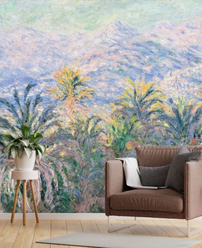 fine art wallpaper mural called Palm Trees at Bordighera by Claude Monet for living rooms and bedrooms