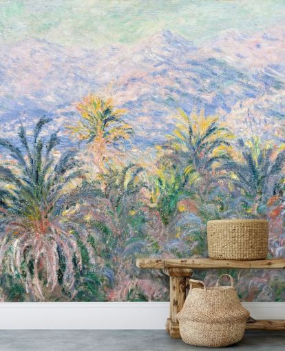 fine art wallpaper mural called Palm Trees at Bordighera by Claude Monet for living rooms and bedrooms