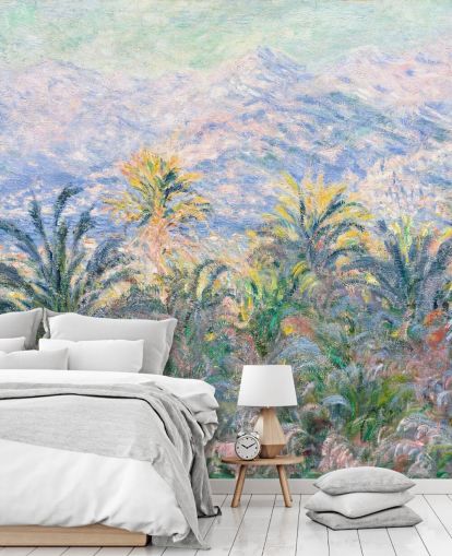 fine art wallpaper mural called Palm Trees at Bordighera by Claude Monet for living rooms and bedrooms