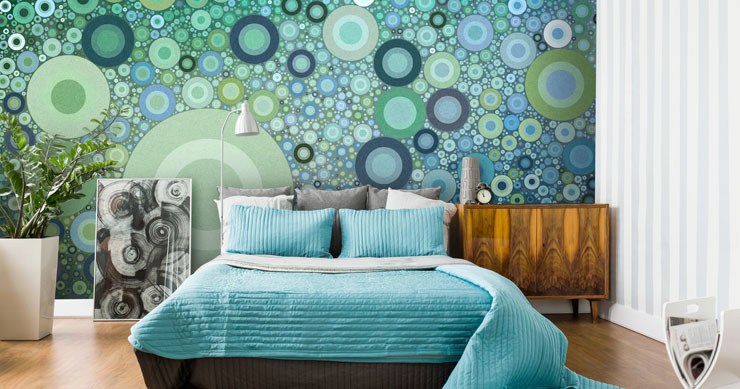 blue circle wallpaper in blue bedroom