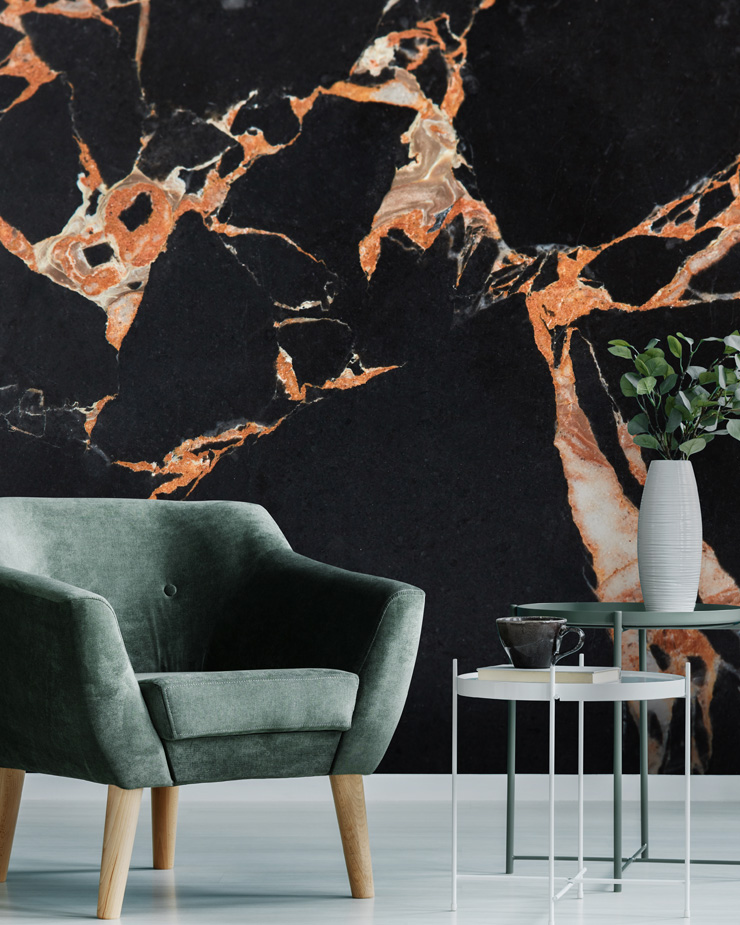 black-marble-with-coral-wallpaper-in-living-room