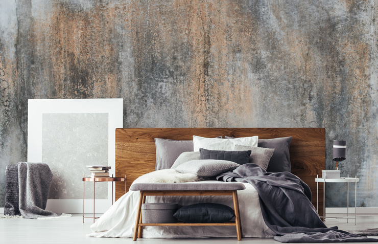 concrete-wallpaper-effect-on-bedroom-wall