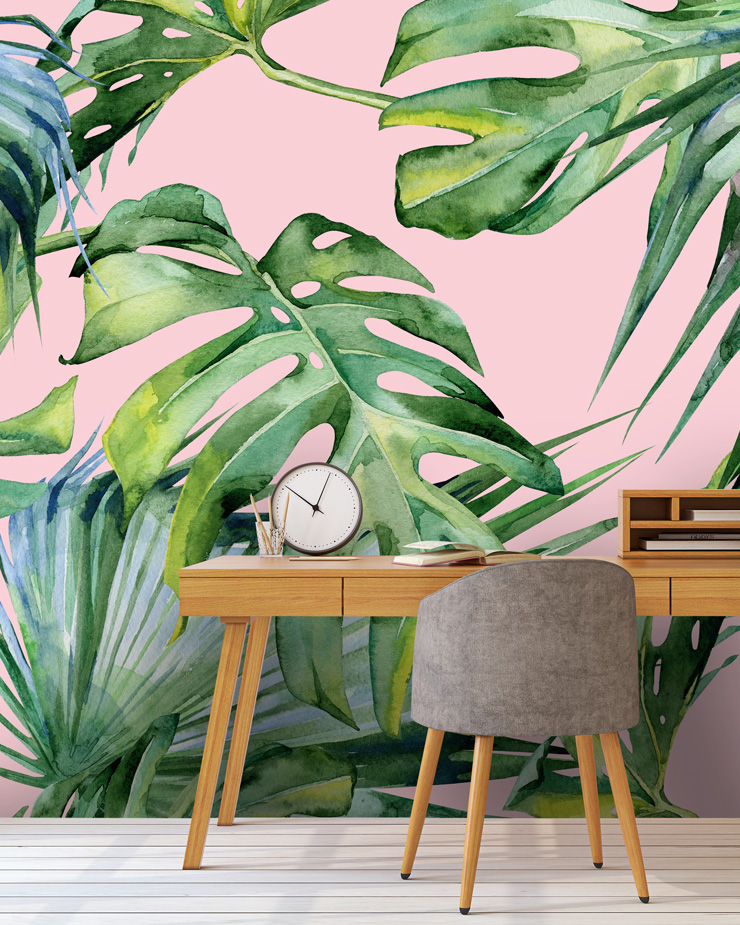pink-jungle-mural-in-home-office