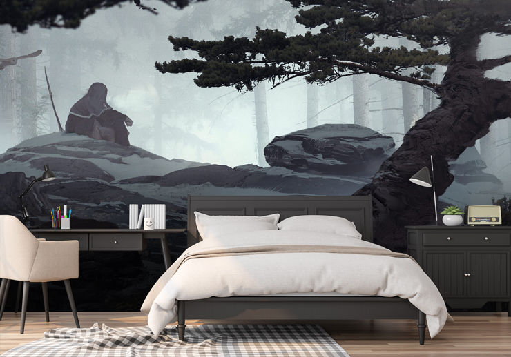 hooded figure in forest gaming wallpaper in trendy bedroom