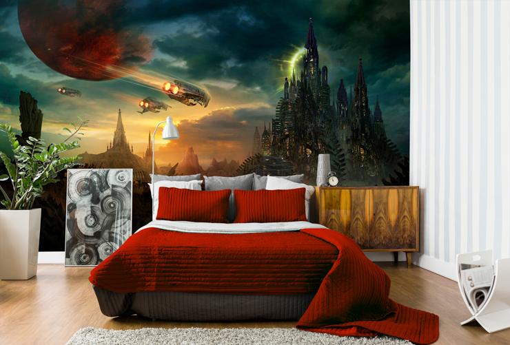 eery gaming landscape wallpaper in red coloured bedroom