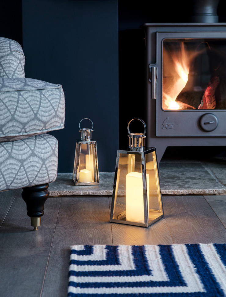 lanterns in cosy navy living room