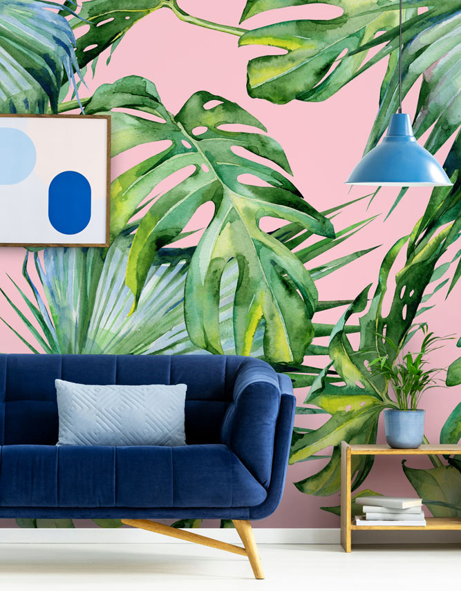 pink jungle pattern wallpaper in living room