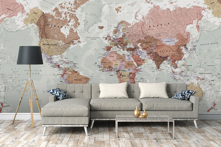 grey world map mural in lounge