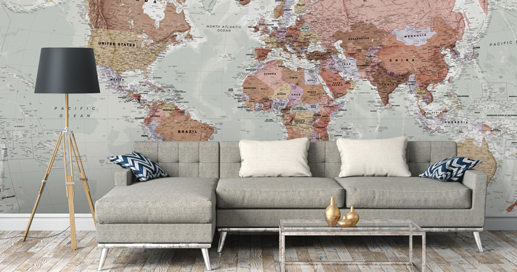 living room with map mural