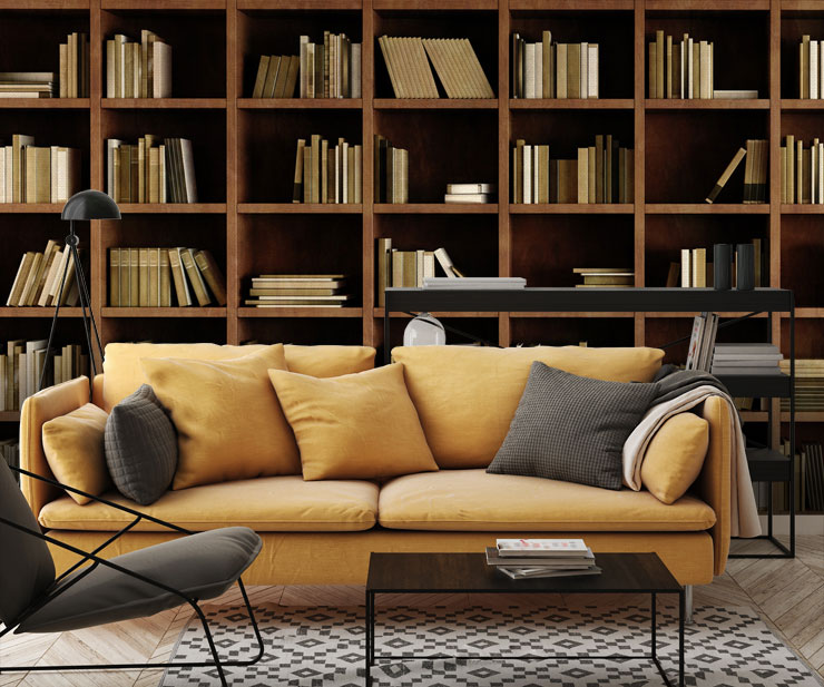 bookcase mural in lounge with ochre sofa