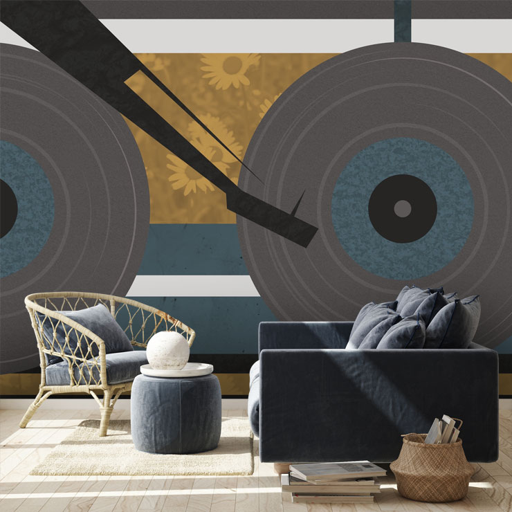 music mural in sunlit sitting room