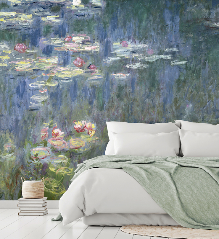 waterlilies green reflections mural in bedroom