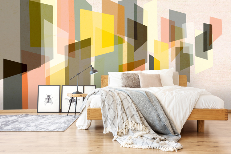 colourful abstract mural in bedroom