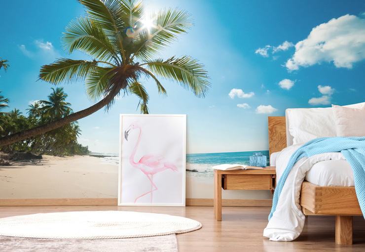 tropical beach wall mural in bedroom