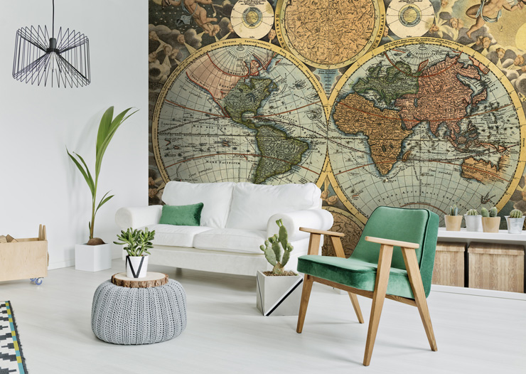 antique map wall mural in living room