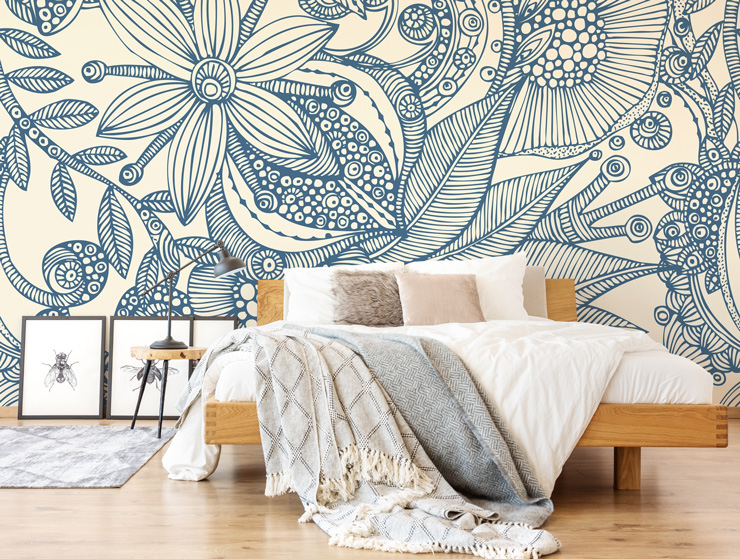 blue bohemian style wallpaper in boho style bedroom