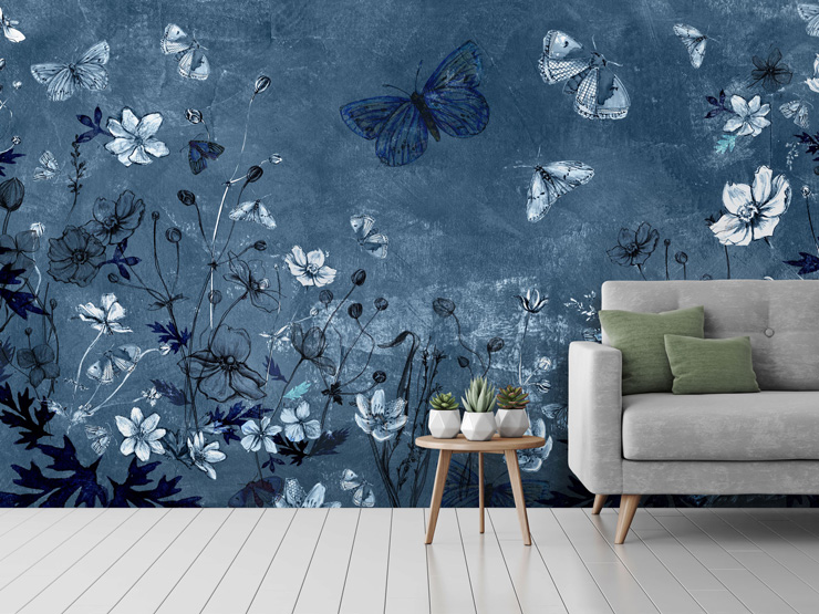 blue floral living room mural by Bryony Halsted