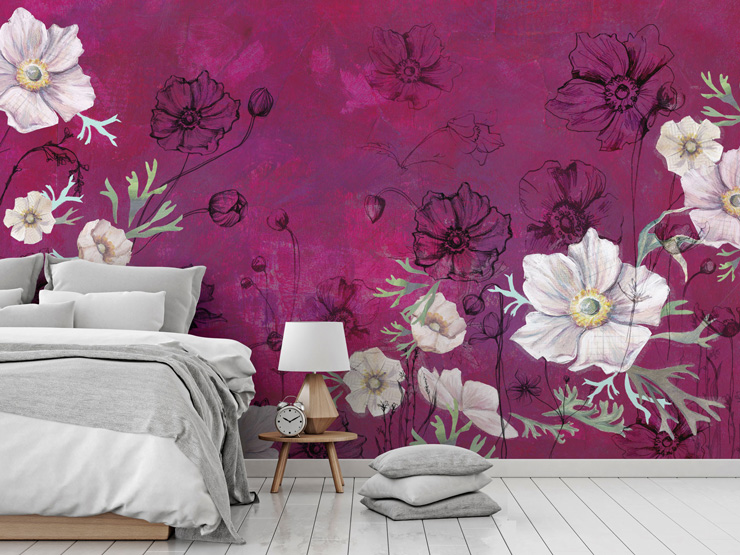 pink floral bedroom mural by Bryony Halsted