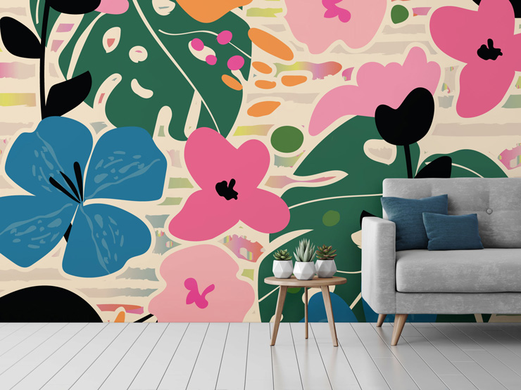 Vibrant floral patterned wallpaper in living room by Neelam Kaur