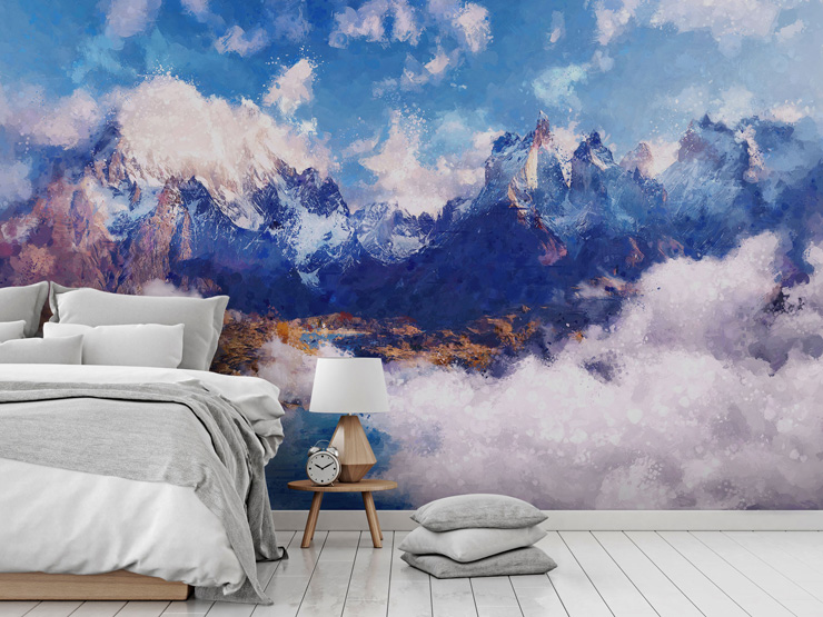 Blue landscape mural in bedroom by Tenyo Marchev