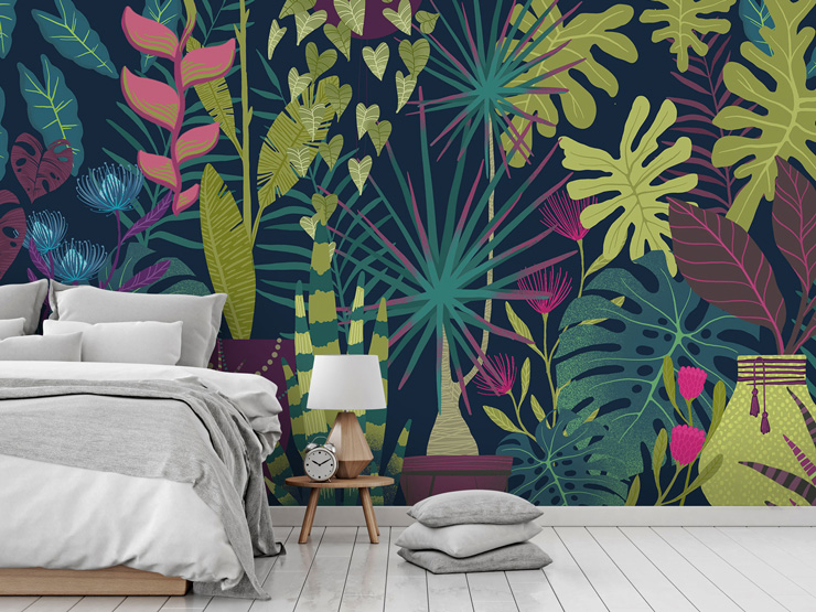 Floral jungle wallpaper in bedroom by Michael Zindell
