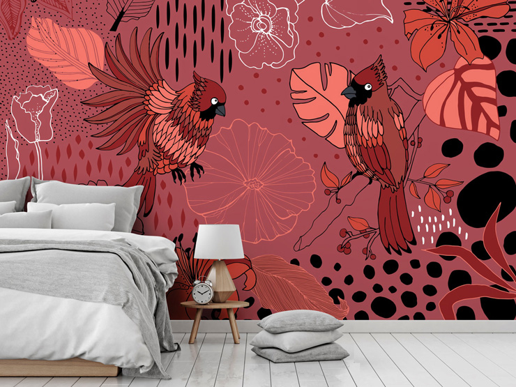 pink bird wallpaper in bedroom by Yani Mengoni