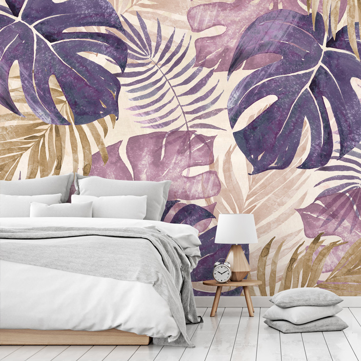 pink banana leaf wallpaper in neutral bedroom