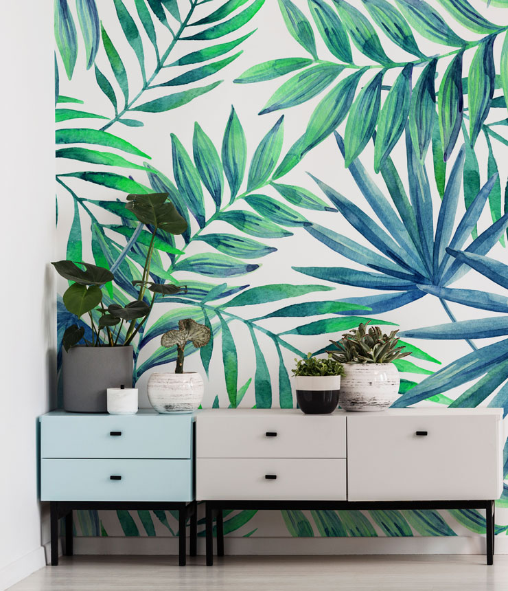 blue and green palm print wallpaper