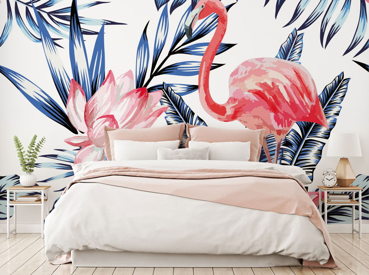 pink flamingo wallpaper behind bed