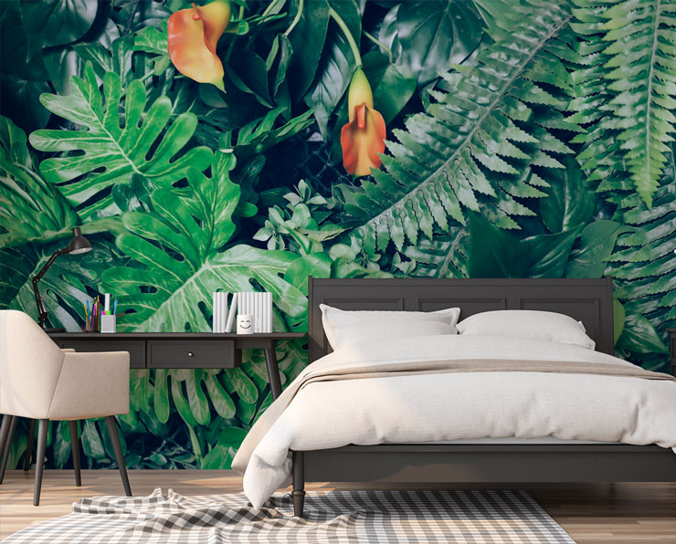 jungle photo wallpaper behind bed