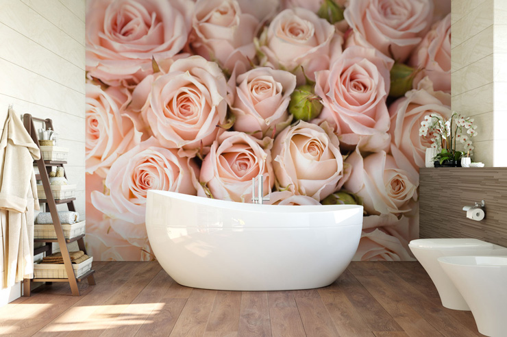 pink roses wallpaper in luxury bathroom 