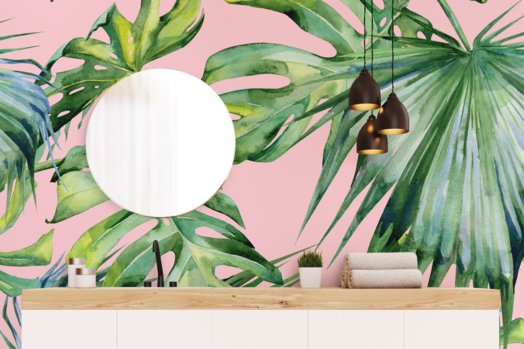 pink jungle wallpaper in bathroom