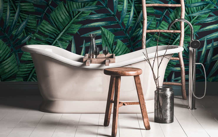 bathroom idea with jungle bold wallpaper