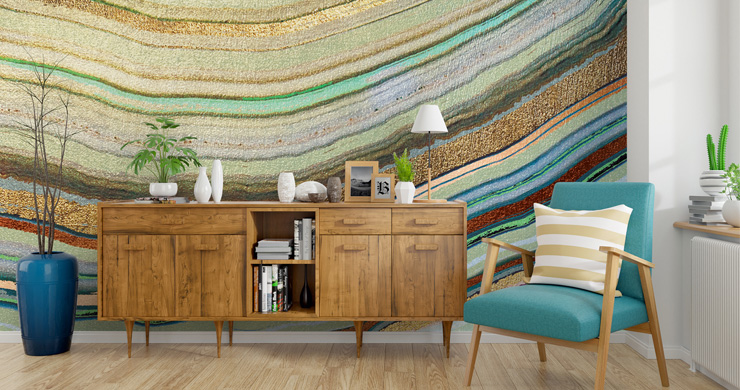 agate wallpaper in mid-century style living room