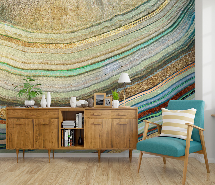 neutral agate wallpaper in mid century style lounge
