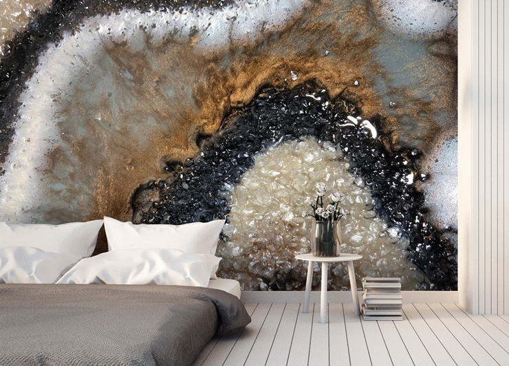 earthy geode wallpaper in bedroom
