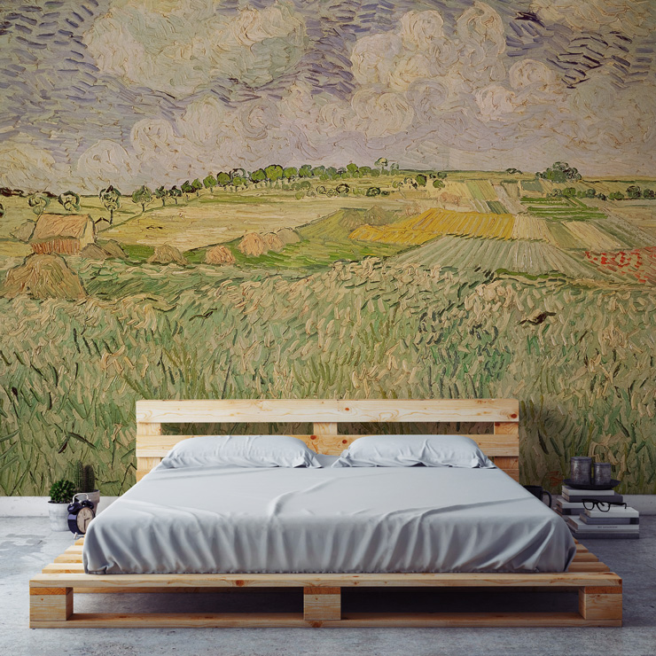 the plains at auvers mural by van gogh in farmhouse style bedroom