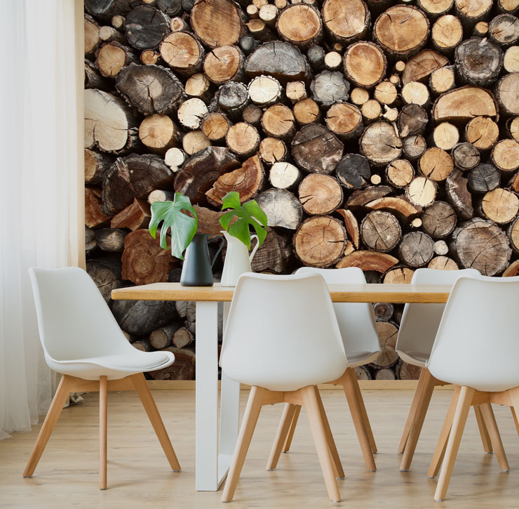 stacked log wallpaper in dining room